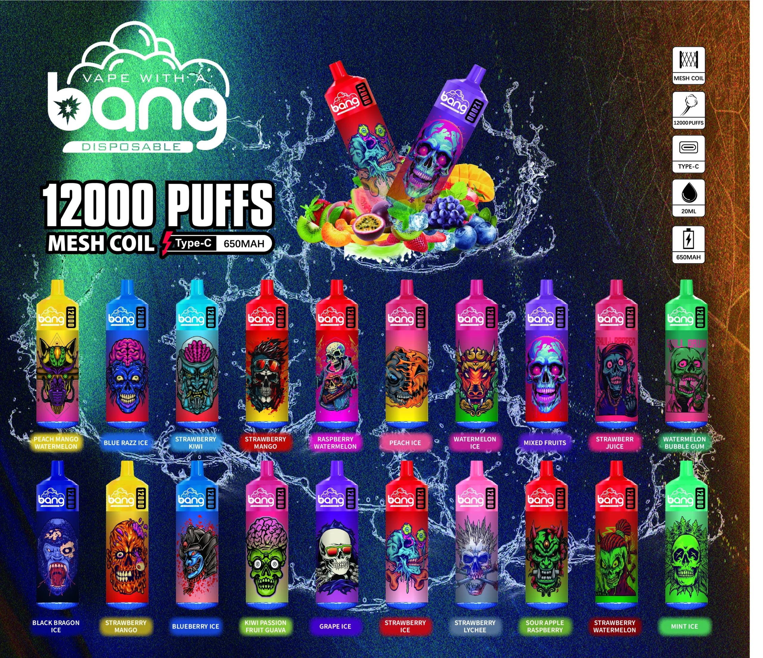 Bang 12000 Puffs 0% 2% 3% 5% Faible teneur en nicotine en vrac Acheter des vapes jetables rechargeables en gros