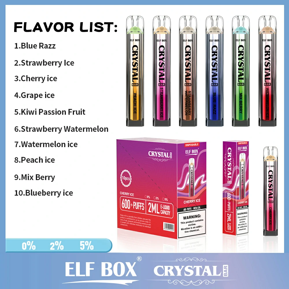 ELF BOX CRYSTAL BAR 600 Puffs 0% 2% 5% Nicotina Recarregável Vape Descartável Atacado