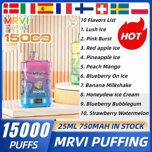 MRVI Puffing 15000 Puffs Dual Mesh Digital Screen 2% 5% Alacsony nikotintartalmú újratölthető eldobható Vapes Pen Tömeges Vásárlás Nagyker - BoatVape - 1