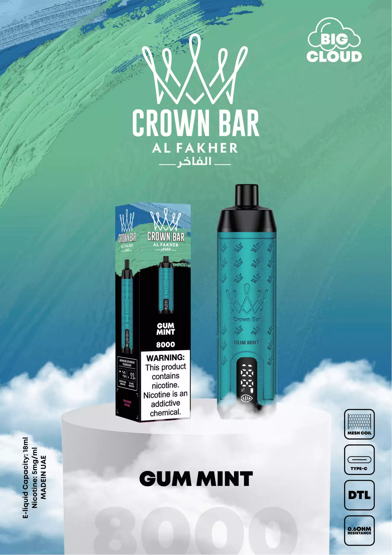 Al Fakher Crown Bar Pro 8000 Puffs Pantalla LED Pantalla baja en nicotina Recargable Vapes desechables Pluma Compra a granel al por mayor